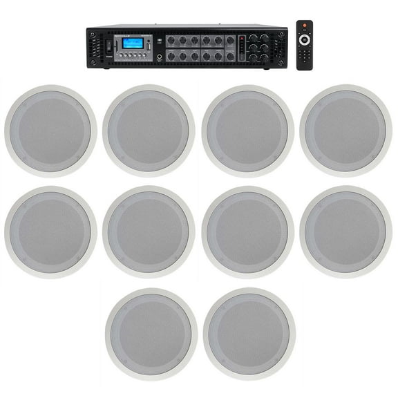 Rockville 6-Zone Amplifier (10) 8" 2-Way White Ceiling Speakers For Restaurant
