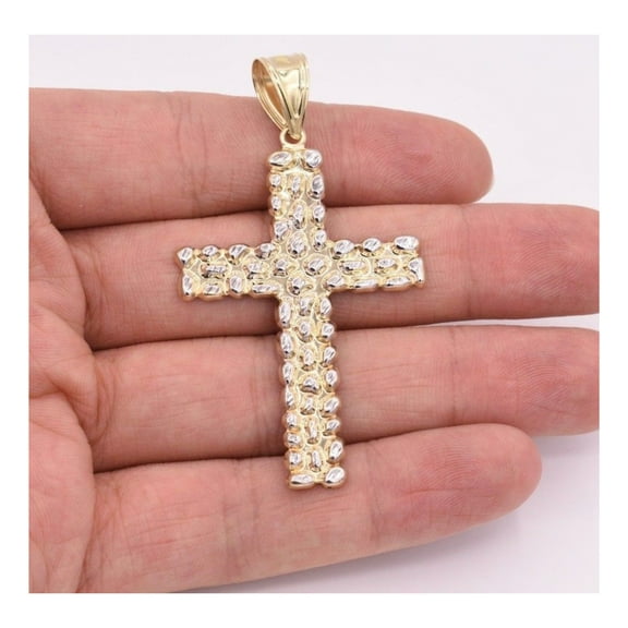 Diamond-Cut Nugget Textured Cross Unisex Adult Pendant 10K Yellow White Gold, 4.30 Gr – Goldum NYC