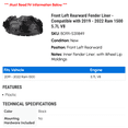 thumbnail image 2 of Front Left Rearward Fender Liner - Compatible with 2019 - 2022 Ram 1500 5.7L V8 2020 2021, 2 of 2