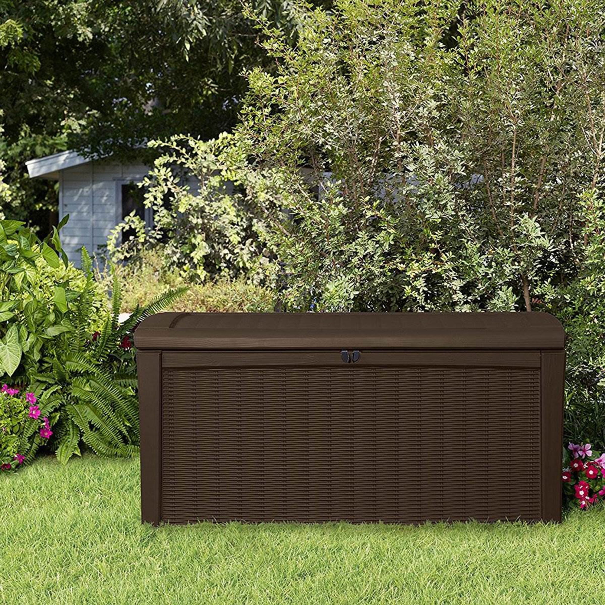 Keter Borneo 110 Gallon Rattan Wicker Resin Deck Storage Box Bench, Brown