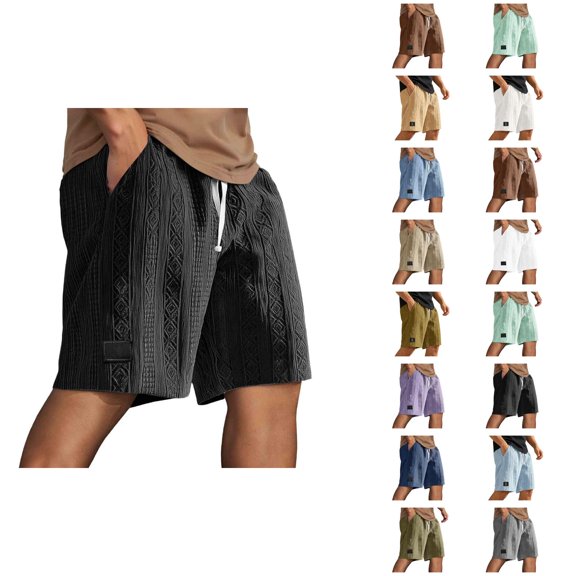 Mens Lounge Shorts Summer Elastic Waist Textured Relaxed Fit Straight Leg Knee Length Casual Shorts with Pockets