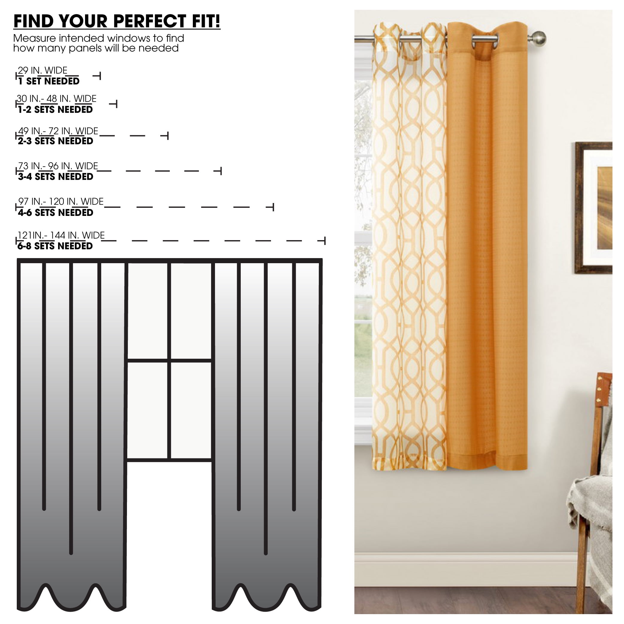 Mainstays Kingswood Grommet Top Curtain and Sheers, 4 Panels, Brown Sugar, 27.5" W x 63” L