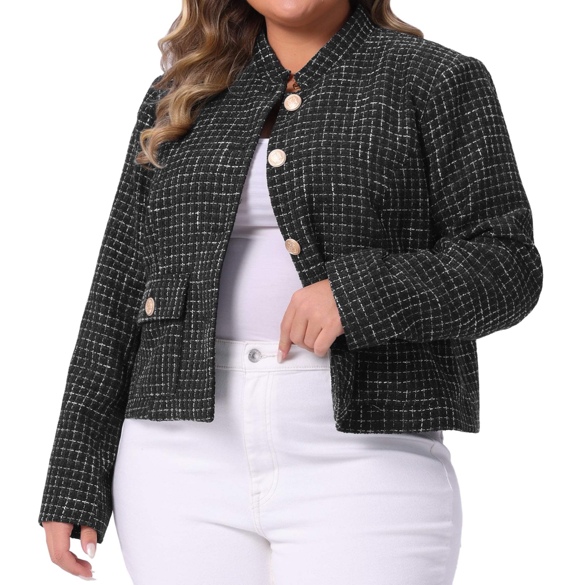 DARING DIVA Plus Size Tweed Stand Collar Button Down Blazer Jacket 3X Black