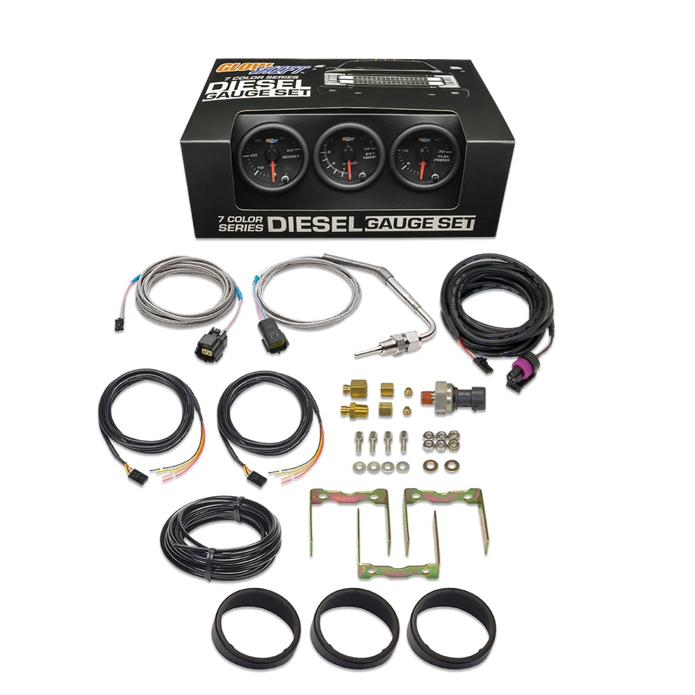 GlowShift Black 7 Color Diesel Gauge Set 60psi Boost, 1500 Pyrometer
