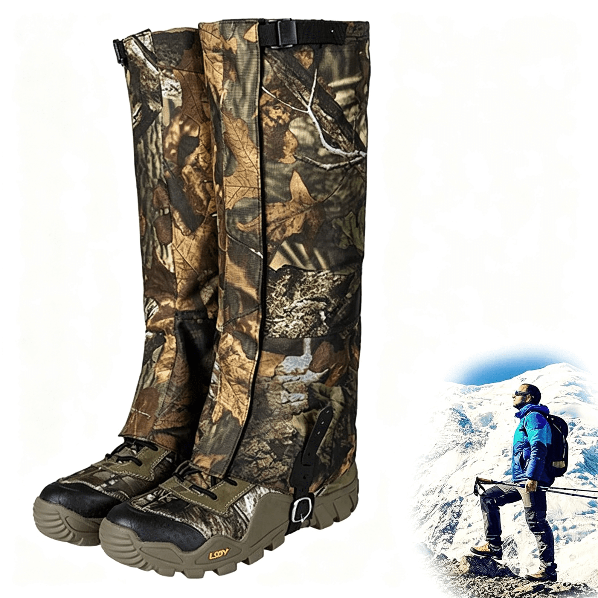 OQRKI Hunting Leg Gaiters Waterproof Hiking Boot Gaiters Camo Snow Shoe Covers Outdoor Skiing Gators for Men and Women Durable snake gaiters for men