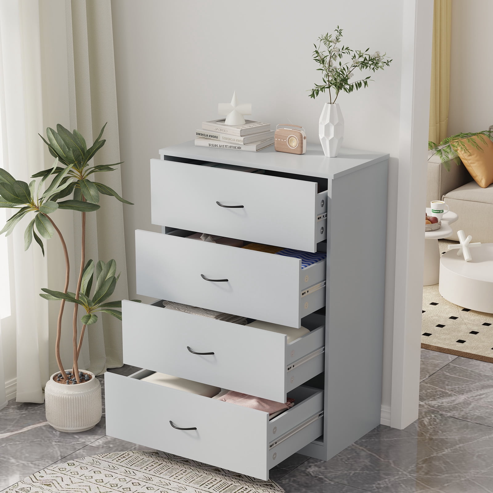 SUGIFT  4 Drawer Dresser, Modern Storage Cabinet for Bedroom, Chest of Drawers Wood Organizer for Living Room, Gray