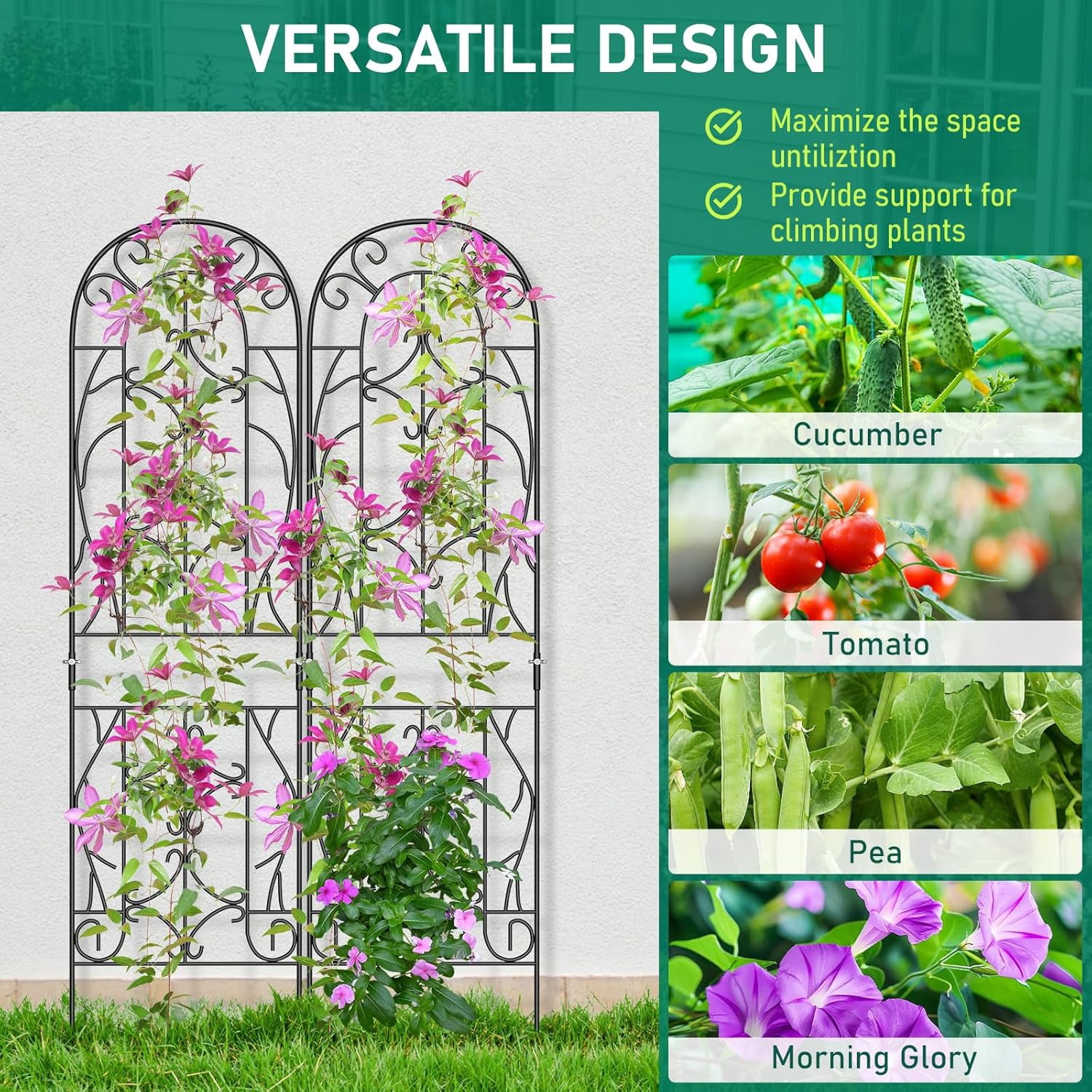 4-Pack 59-Inch Metal Garden Trellis for Climbing Plants, Large Decorative Outdoor Support for Vegetable Flower Rose Vine Cucumber, Black