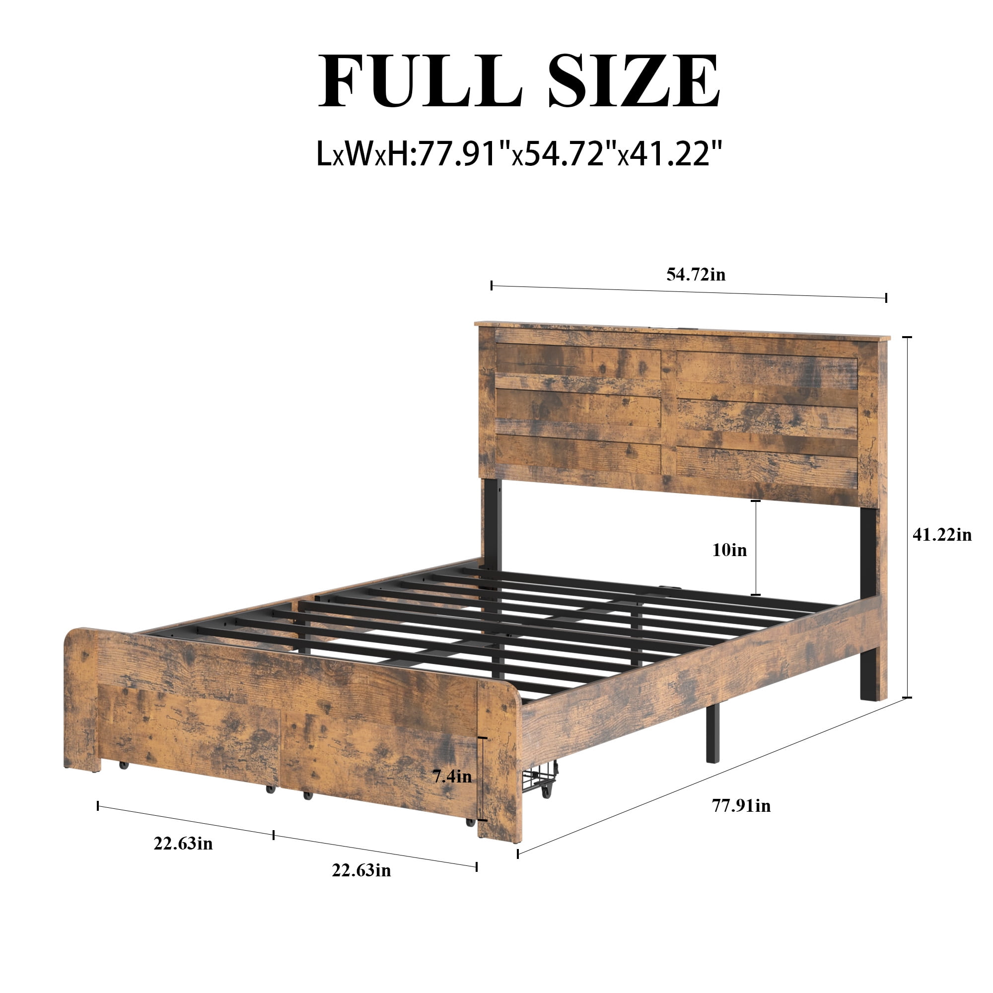 Full Rustic Platform Bed 77.83 Inch, LED Lighting Headboard with USB and Type C Charging, Under Bed Storage Drawers, No Box Spring Needed, Dark Brown