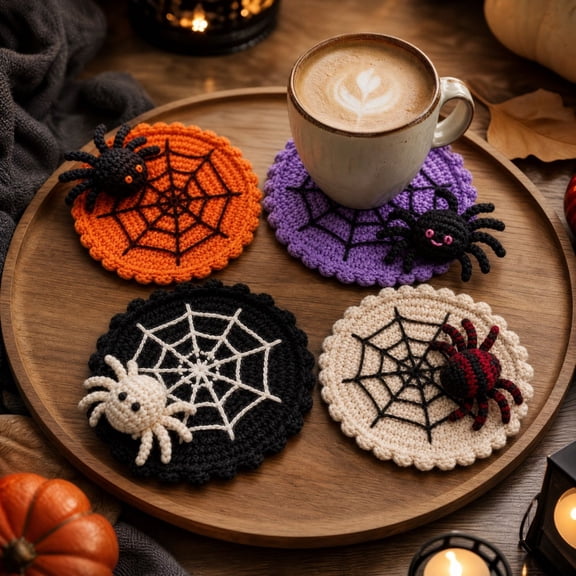 Mskk Halloween Crochet Coasters, Hand‑Knitted 3D Spider Web Cup Mats, Absorbent Decorative Drink Coasters for Mugs Cups, Halloween Home Party Decor, 4‑Color Optional-Purple 3.94 Inch