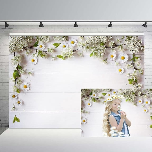 Spring Flowers Backdrop White Floral Wood Wall Wedding Photography Background White Daisy Bridal Shower Engagement Party Decorations Supplies Cake Table Banner Photo Booth Props