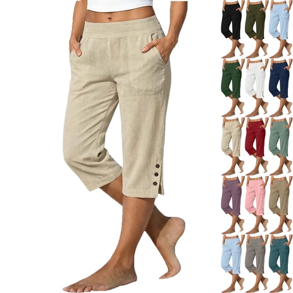 Lenago Womens Capri Pants Linen Blend High Waisted Casual Shorts Straight Leg Elastic Waist Solid Color Summer Shorts with Pockets