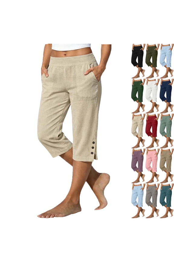Womens Capri Pants Linen Blend High Waisted Casual Shorts Straight Leg Elastic Waist Solid Color Summer Shorts with Pockets