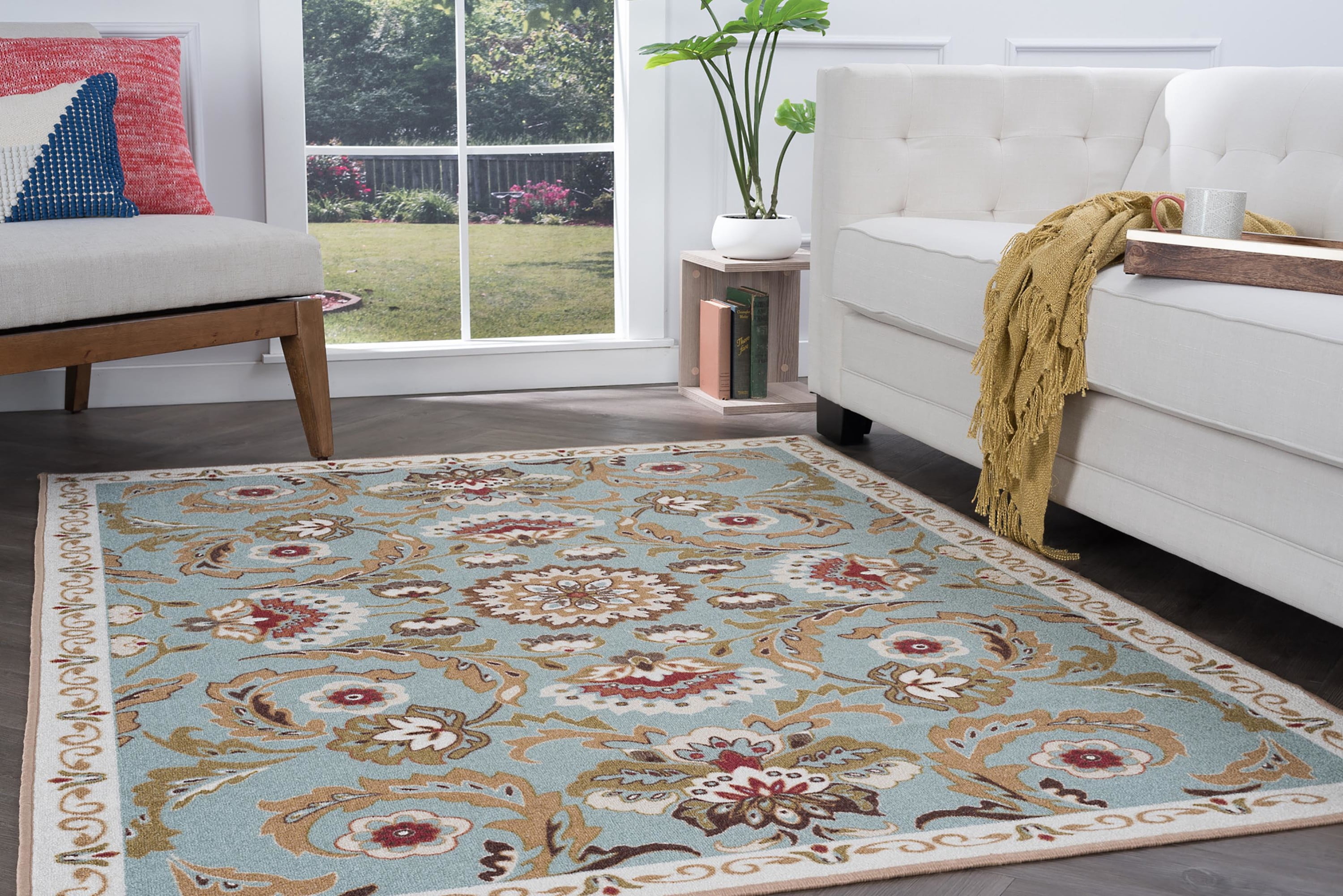 Transitional 7x10 Area Rug (6'7'' x 9'6'') Floral Seafoam, Beige Living Room Easy to Clean