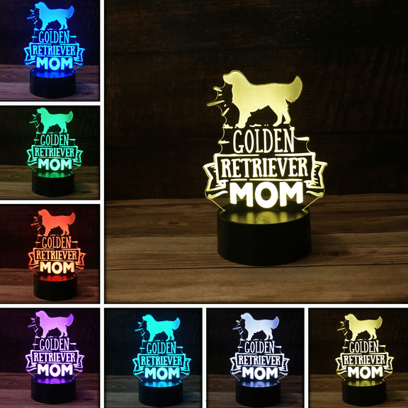 3D Golden Retriever Mom Desk Light, 7 Color LED Base Lamp with USB, Battery, and a Touch control Rotating Fade or Solid Color mode. A perfect Nightlight for Kids or a unique gift for any age.