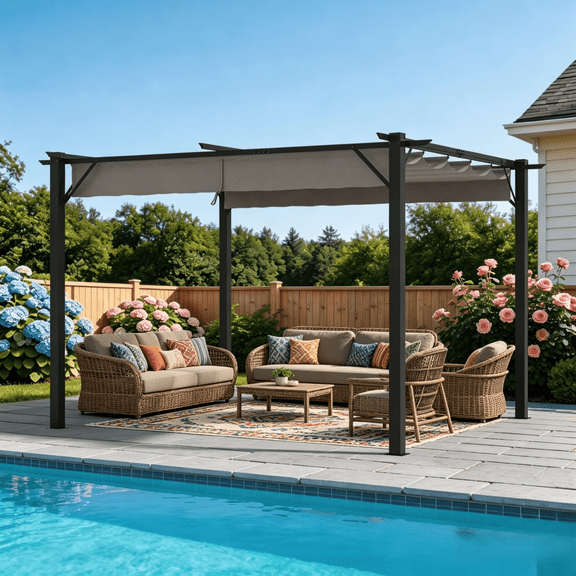 Clouddwell 12x10 ft Outdoor Pergola with Retractable Canopy, Heavy-Duty Metal Frame Patio Pergola for Backyard & Garden, UV Protection Sun Shade, Gray