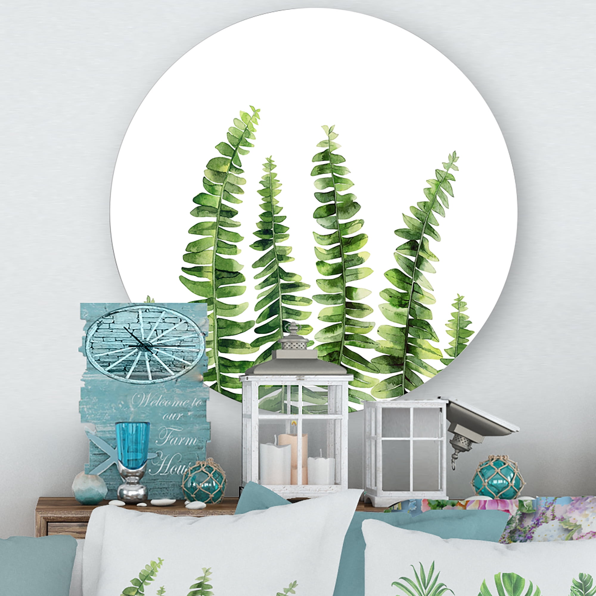 Designart 'Fern Plant Leaves Detail II' Farmhouse Circle Metal Wall Art 23x23 - Disc of 23