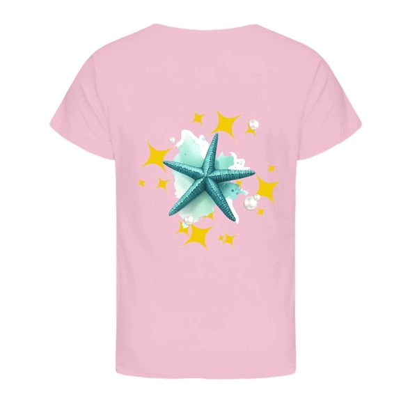 YUEHUA Girls Shirts Size 7 Summer Girls' Large Sized Round Neck Star Patterned Floral Short Sleeved Loose Fitting Casual T Shirt for Girls, Size 8-9 Years