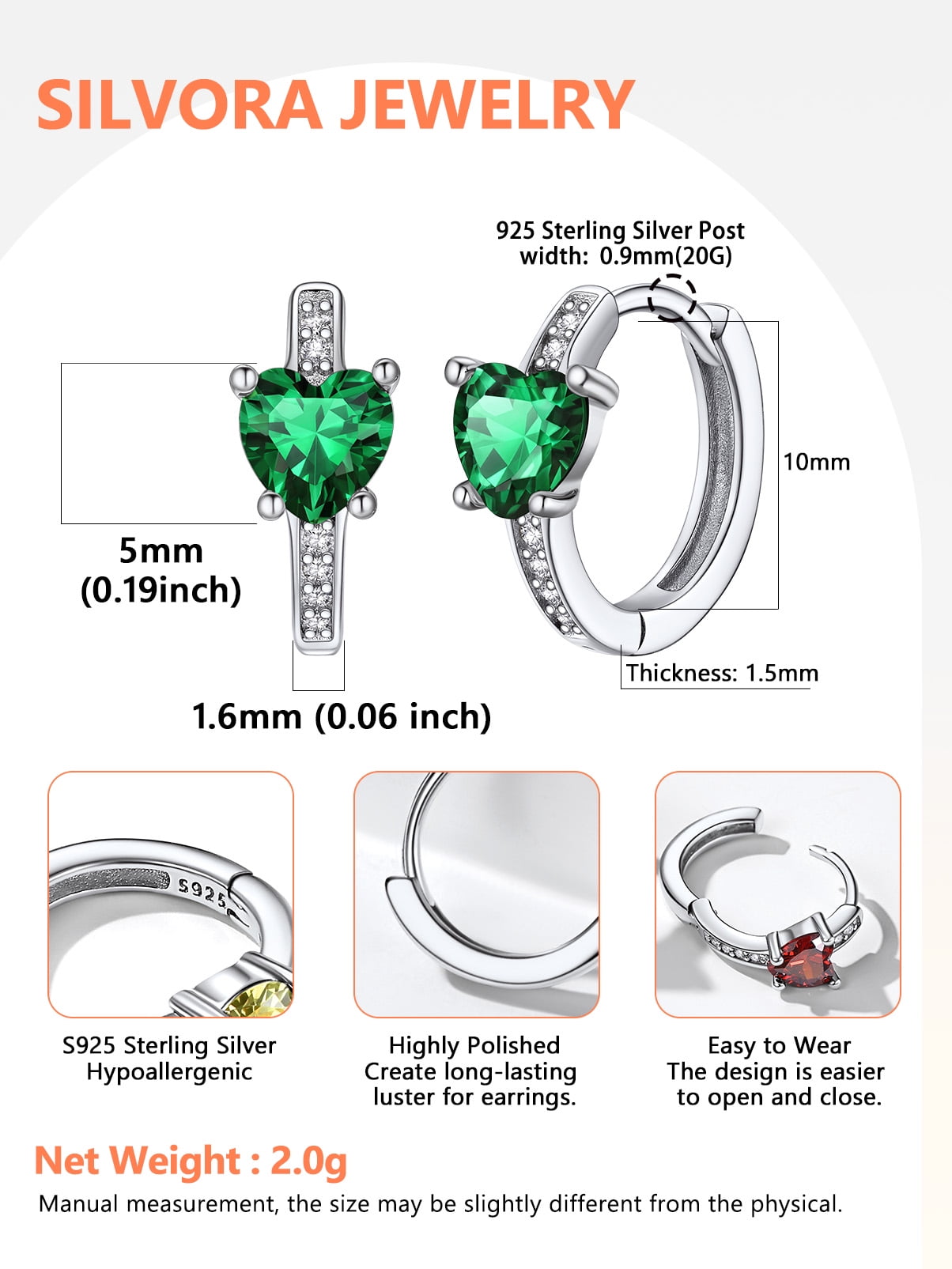 Silvora Sterling Silver Birthstone Hoop Earrings for Women Heart Cut Created Diamond Dainty Earring Birthday Christmas Valentines Jewelry Gift, May