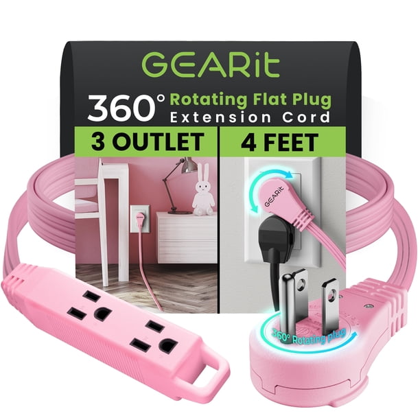 Cable de extensión GearIt 360, conector plano giratorio, 3 salidas de 4 pies, rosa