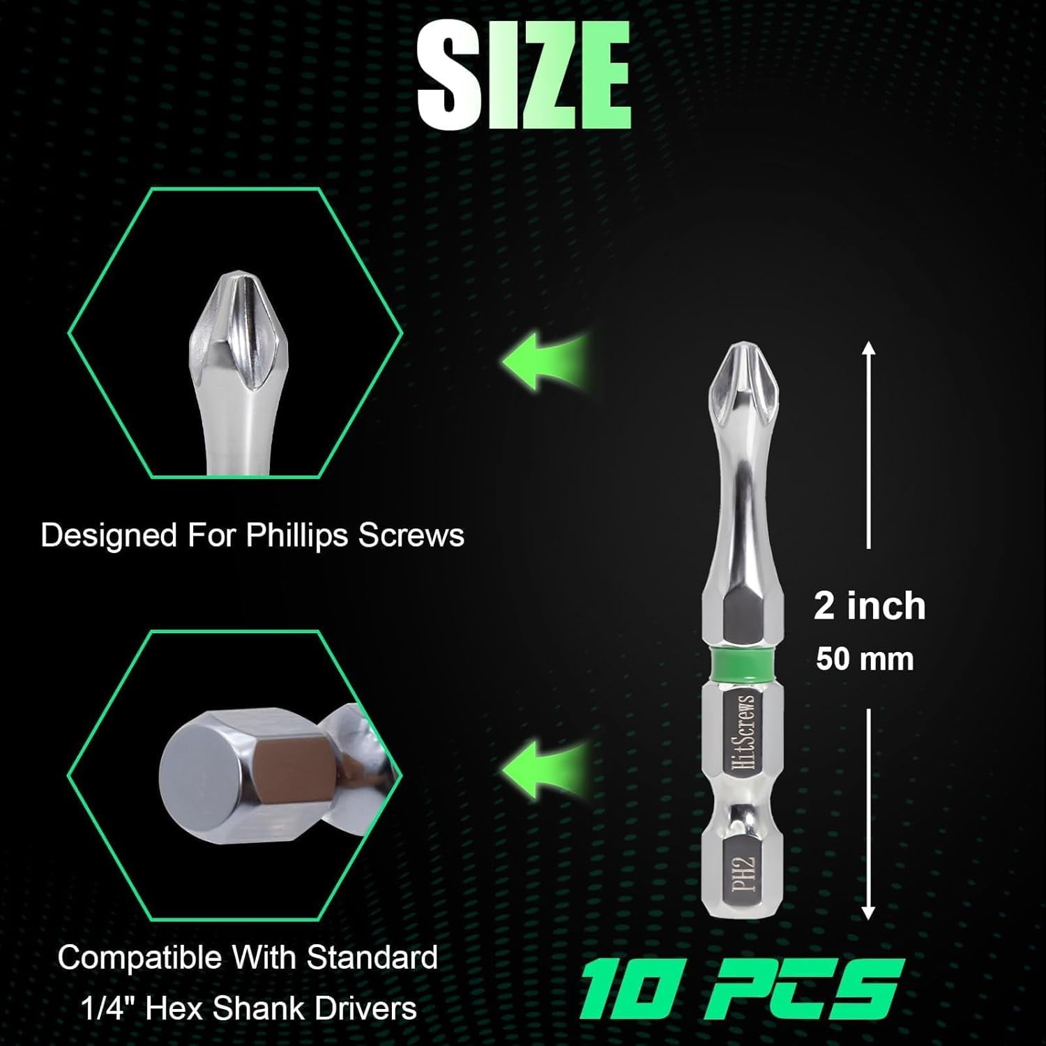 MKEUDQ-10-Pack Double End Screwdriver Bits, Magnetic Phillips Bits #2 For Impact Driver, 1/4" Hex-Shank S2 Steel CNC Machined Tips