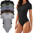 thumbnail image 1 of TVKSOM - Paquete de 5 trajes de cuerpo para mujer, manga corta, cuello redondo, casual, elástico, básico, playera, Paquete de 5 unidades, negro, gris claro, café, azul oscuro, verde oliva, M, 1 of 3