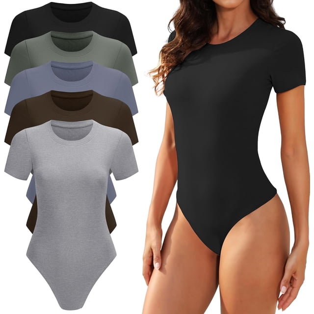 TVKSOM - Paquete de 5 trajes de cuerpo para mujer, manga corta, cuello redondo, casual, elástico, básico, playera, Paquete de 5 unidades, negro, gris claro, café, azul oscuro, verde oliva, M