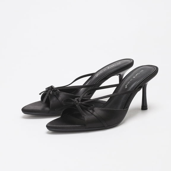 On feet & in love Women's Satin Pointed Toe Stiletto Mules - Strappy Bow Detail Slip-On Dress Sandals,Black