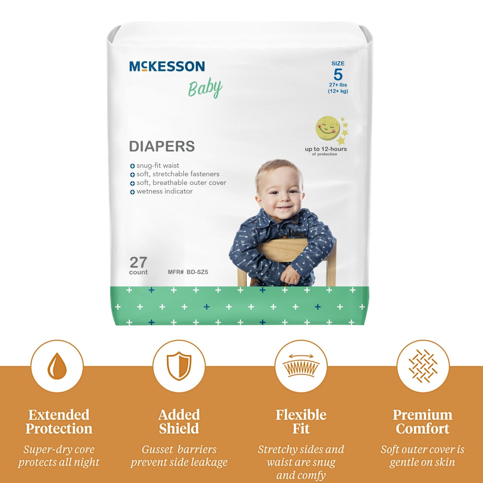 McKesson Baby Diapers - Flexible Fit, Wetness indicator, 12-Hour Protection - Size 5 (Over 27 lbs.), 27 Count, 4 Packs, 108 Total
