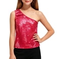 thumbnail image 3 of WAYUTE Shirts for Girls Sequin Polka One Shoulder Sleeveless Tank Top for Kids Youth Festival Stage Performance Shirt Casual Outdoor,Red, 3 of 3