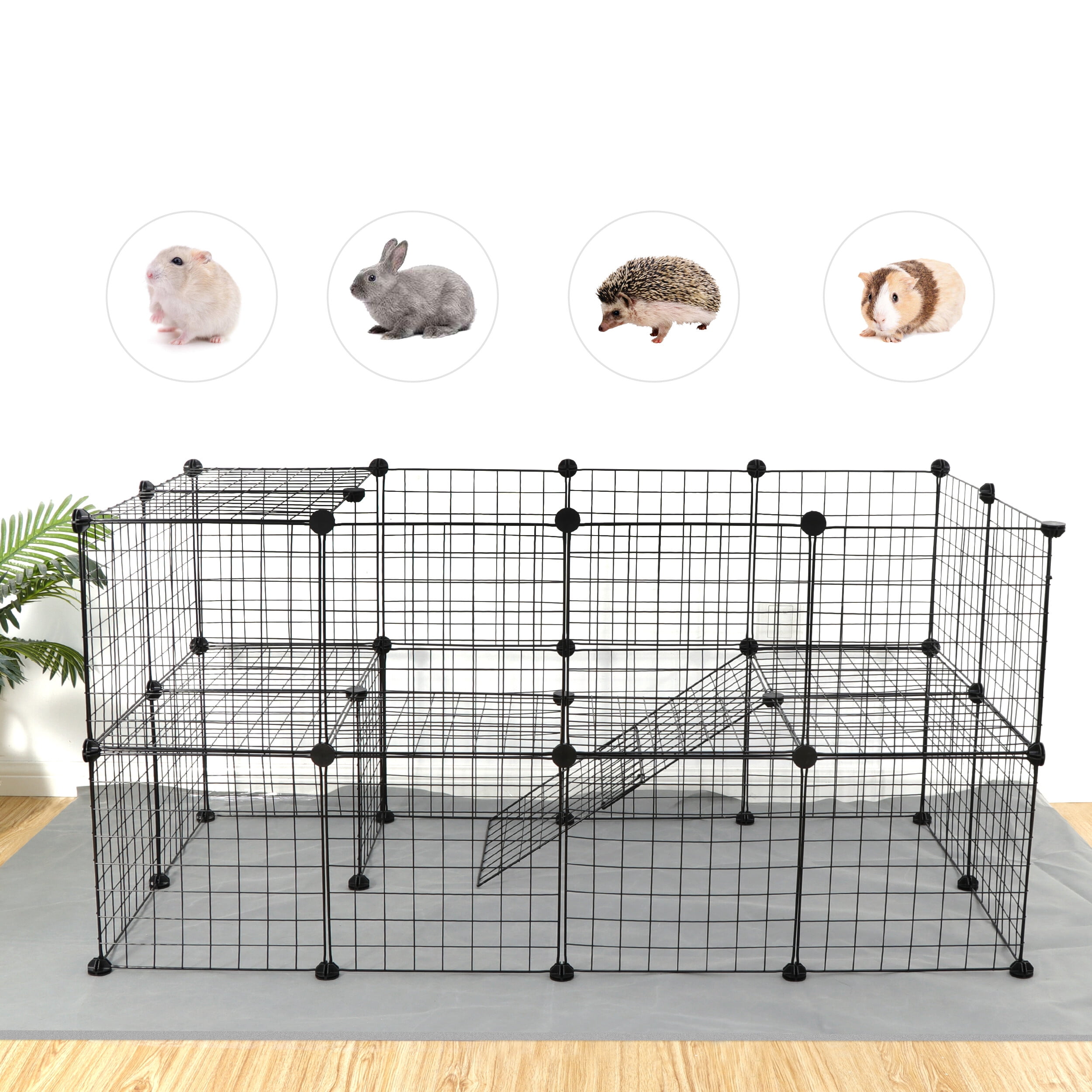 HomGarden 36 Panels Small Animal Playpen DIY Pet Cage Metal Mesh W/ Ramp for Bunnies Puppies