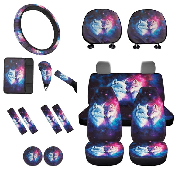 Tutolipy 16 Pieces Car Interior Accessories Sets, Galaxy Wolf Print Car Front Seat Covers and Rear Split Bench Seat Cover, Steering Wheel Cover Seatbelt Cover Center Console Cover Car Headrest Cover