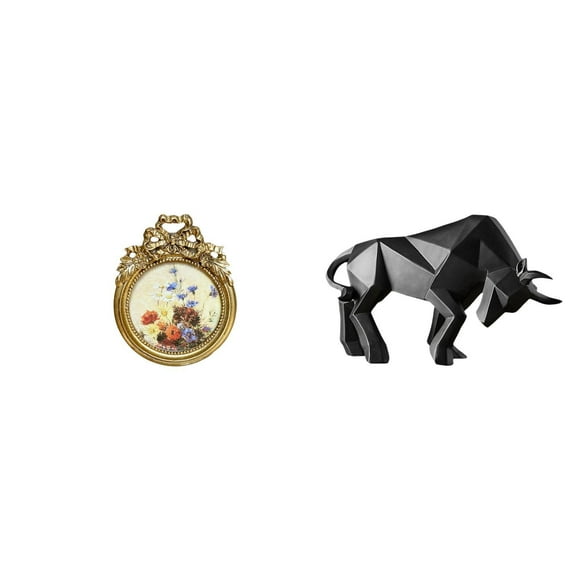 Luzkey Round Picture Frame Small Vintage Golden Photo Frame Decorative Ornate Resin Frame Bull Statue Figurine Sculpture Desk Decor Unique Resin Material Sui