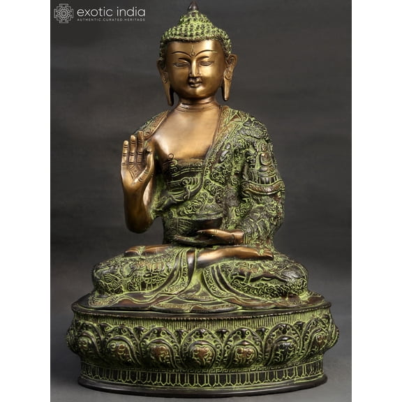 14 Inch Tibetan Buddha Terracotta Finish Embossed Brass Sculpture