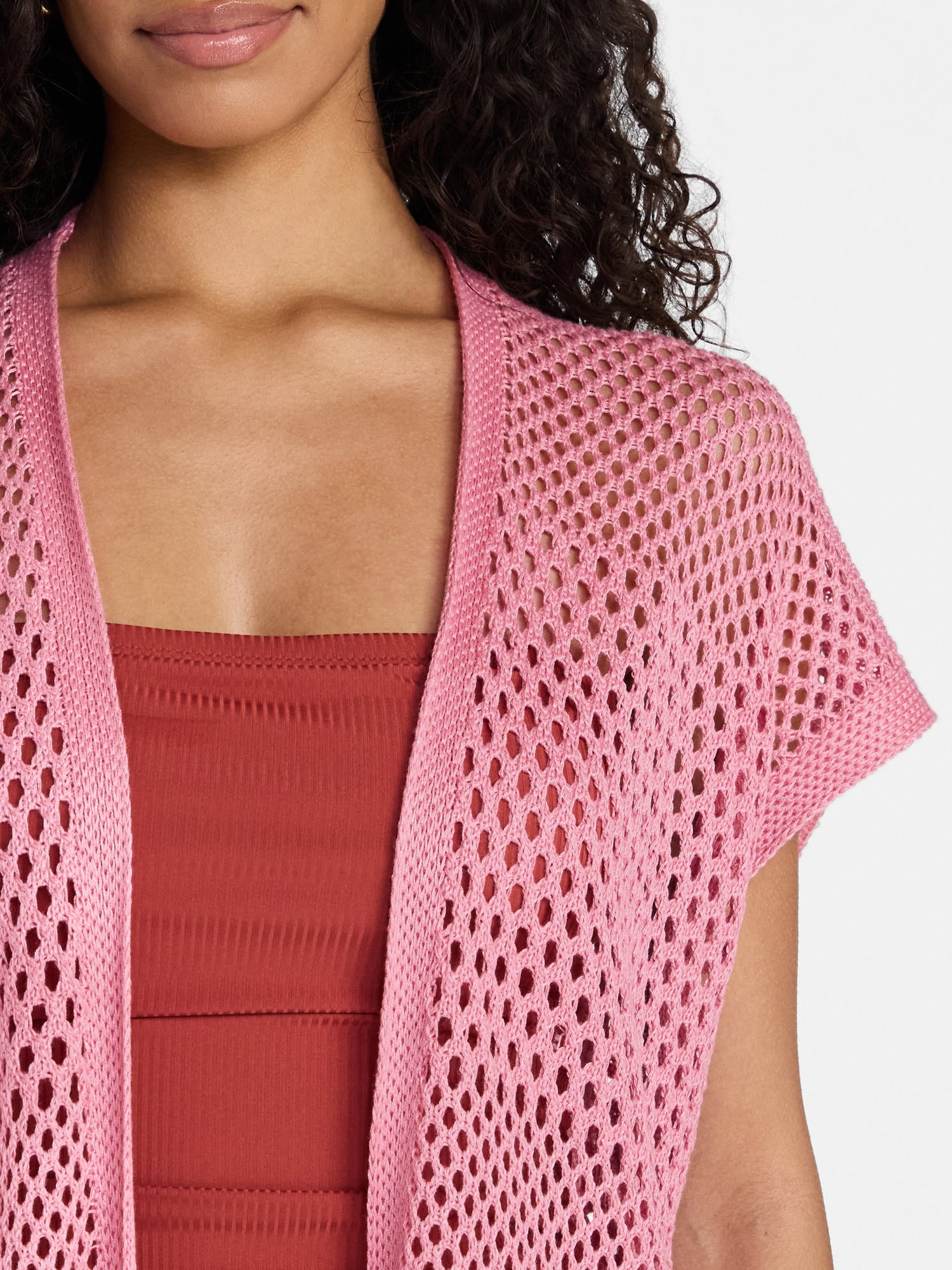 Time and Tru Women's Openwork Knit Coverup, Size L/XL, Pink Pottery
