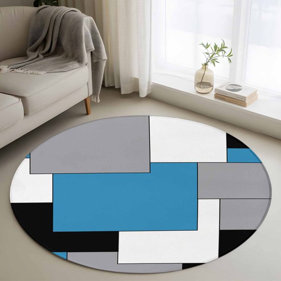 Abstract Art 4FT Round Area Rugs for Living Room Patchwork Purple Blue and Grey Ultra-Thin Non-Slip Round Rugs Machine Washable Low Pile Circle Carpet for Bedroom Kitchen Nursery