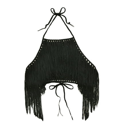 

Women Beach Knit Camisole Hollow Out Solid Color Sleeveless Halter Neck Backless Tassel Slim Display Navel Vest