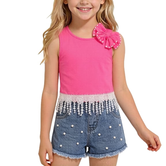 Amidoa Girls 2 Piece Outfits Summer Clothes Solid Color Tank Top Cute Sleeveless T-Shirt and Casual Shorts Kids Clothing Sets Hot Pink Size 4T