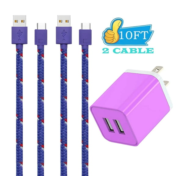 Charger Block,Type C Charger Fast Charging Cable 10 Feet,AlmosTen 2.4A Dual Port High Speed Android Phone Charger Block Box Cube Power Plug Adapter USB Wall Charging Brick with (10ft Cable),Purple