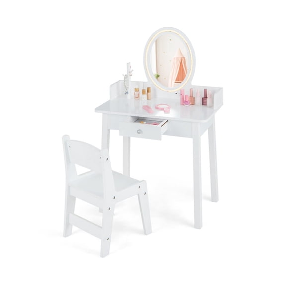 Furnibear Kids Vanity Set with Lighted Mirror and Cushioned Chair for Girls Bedroom Playroom Pretend Play, White