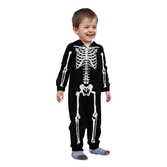 Pitauce Matching Family Pajamas Sets Skeleton Printed One-Piece Jumpsuit Halloween Hooded Zipper Onesie Loungewear with Pockets