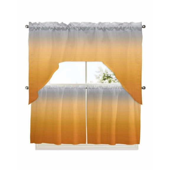 Gray Orange Ombre Kitchen Curtains Swag Valance and Tier Curtains Set 24 Inch Length, Modern Geometric Striped Abstract Art Rod Pocket Drape Panels Pair Swag Curtains for Bathroom/Cafe/Window