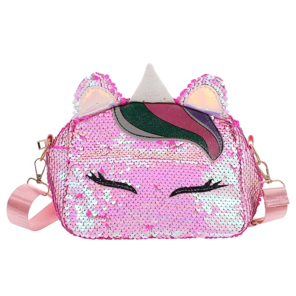 GOOHOCHY 1 unid lindo mini lentejuelas en forma de unicornio bolsos de oreja niñas casual cadena messenger crossbody bolso de hombro (blanco anti-rosa)