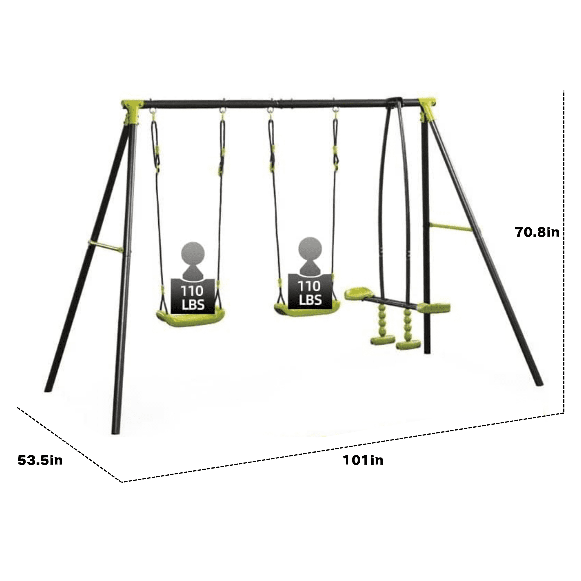 Alvantor Three Seat Swing Set with Face-to-Face Swing and Two Seats for Kids Indoor Outdoor Backyard Playground Easy Assembly Green