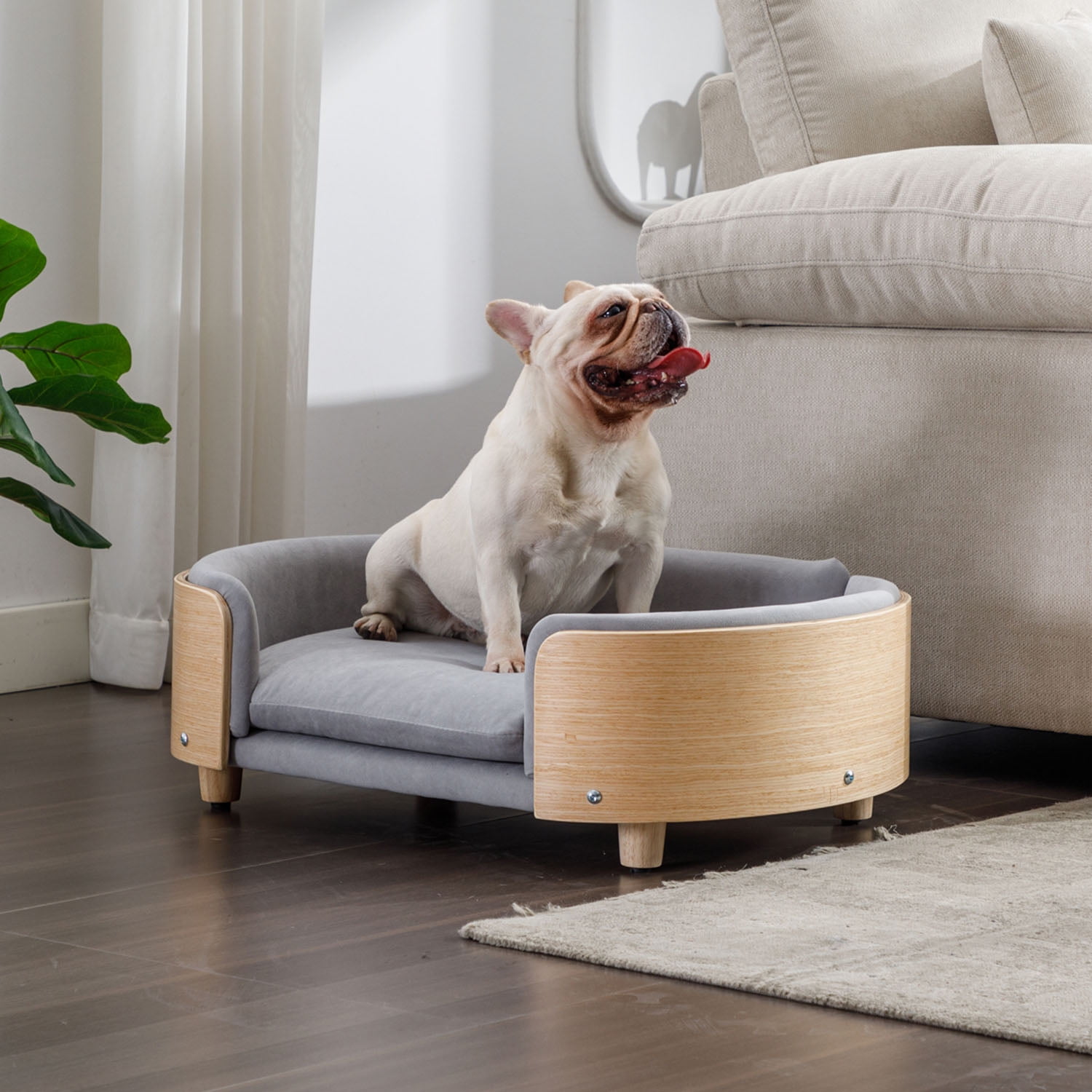 Pefilos 30" Elevated Dog Bed with Velvet Cushion, Scandinavian Style Pet Sofa with Solid Wood legs and Bent Wood Back, Gray M Pefilos 30" Elevated Dog Bed with Velvet Cushion, Scandinavian Style Pet Sofa with Solid Wood legs and Bent Wood Back, Gray M