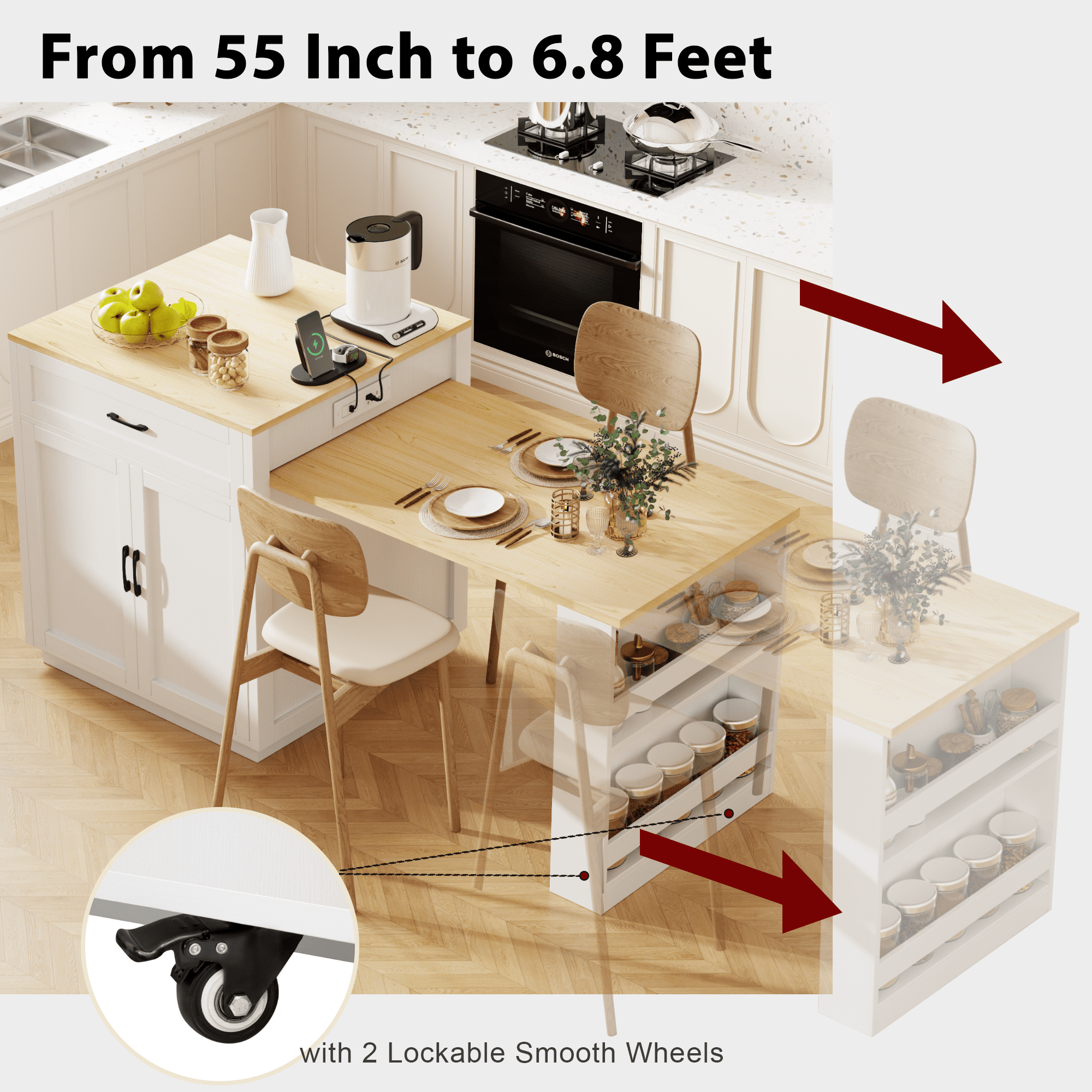 EUROCO 82.7" Kitchen Island with Extendable Dining Table for 4-6 Person,Two-tone Kitchen Table with Double-sized Storage, Power Outlet,2 Drawers and 2 Side Open Shelves,White