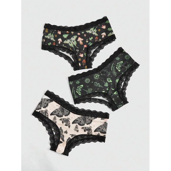 3 Pcs Bragas Estampadas Fungi y Mariposas con Encaje