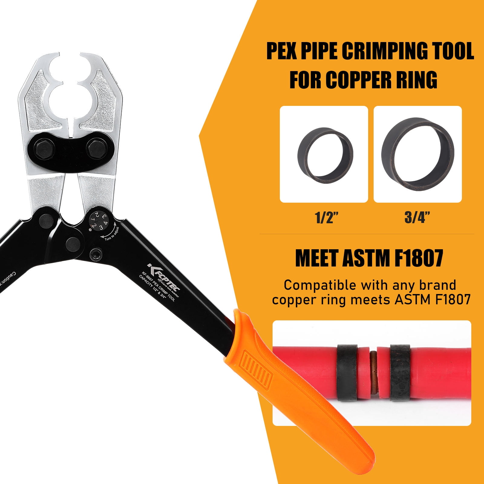 KF CPTEC 1/2'' & 3/4'' Combo PEX Crimping Tool for Copper Crimp Rings with Go/No-Go Gauge, Meets ASTM F1807 Standard, Durable Plumbing Tool