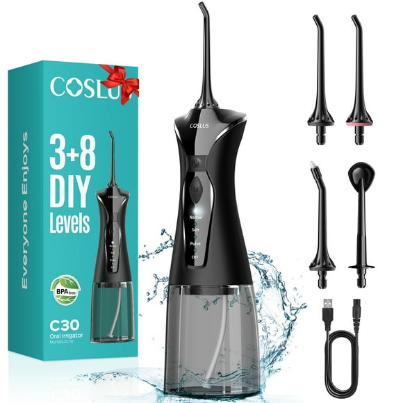 WORGEOUS Irrigador bucal portátil COSLUS, recargable, de alta presión, con sistema de irrigación bucal para limpieza dental, IPX7, tanque de agua de 300 ml, ideal para el hogar y viajes.