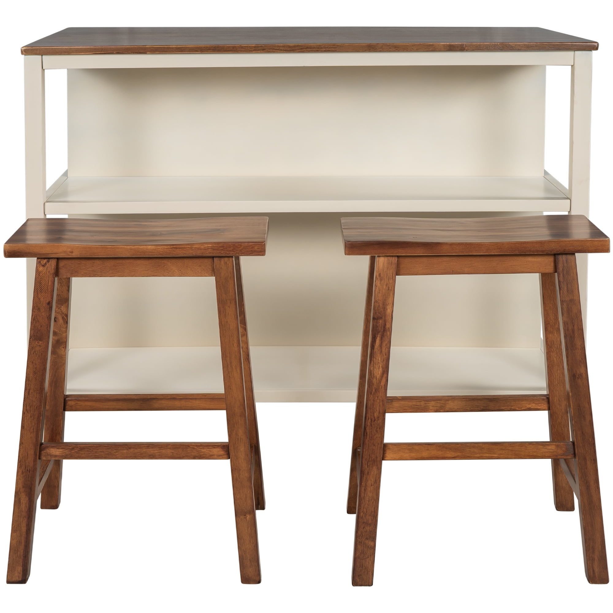 Harper & Bright Designs 3 Piece Kitchen Island Set with 2 Stools, Solid Wood Rustic Butcher Block Dining Table Set Prep Table Set with Shelves for Small Places, Walnut+White