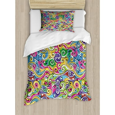 Wave Twin Size Duvet Cover Set, Funky Colored Curves with Spiraling Ends Doodle Style Lively Summertime Inspired Art, Decorative 2 Piece Bedding Set with 1 Pillow Sham, Multicolor, by Ambesonne